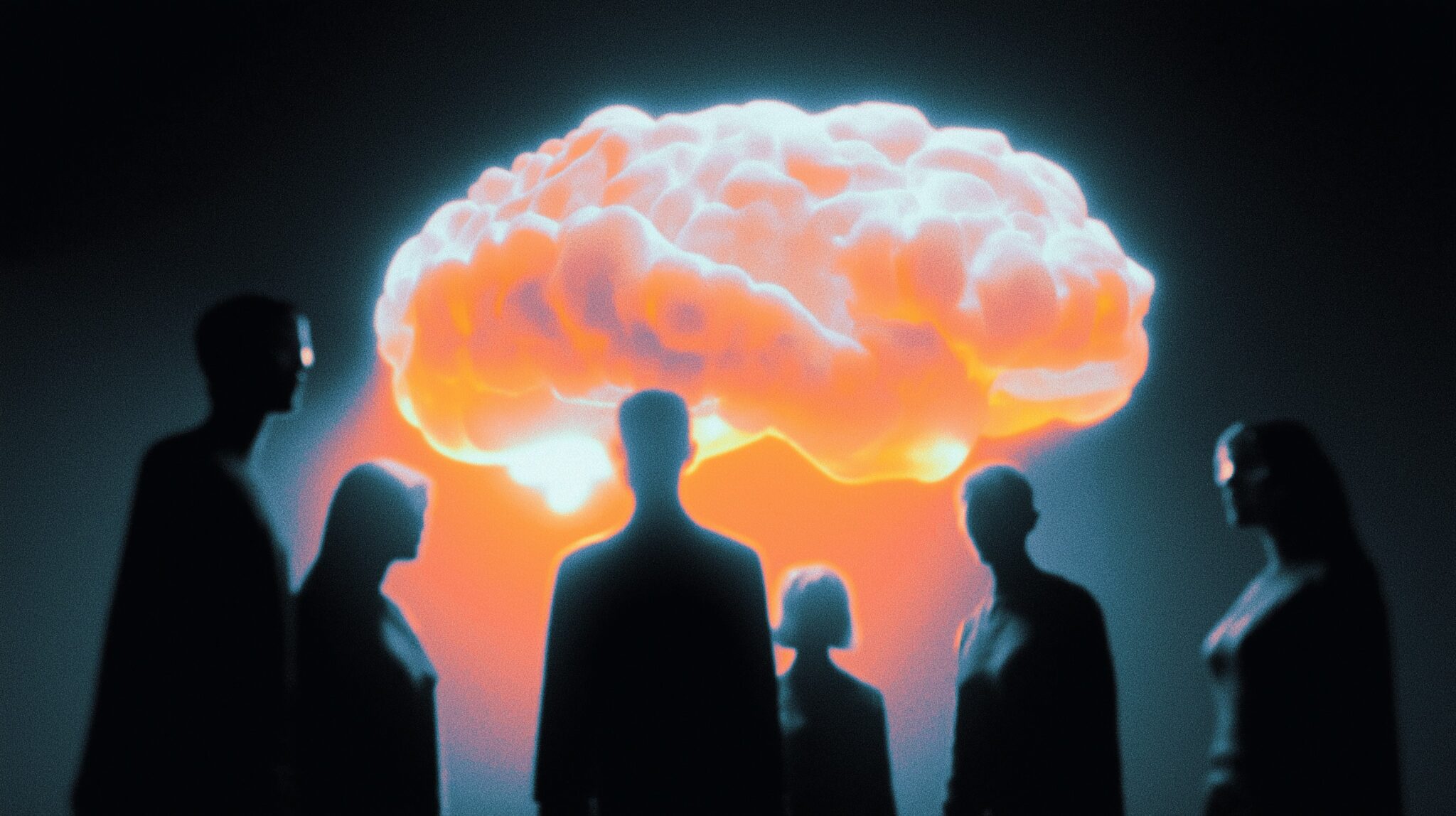 Glowing AI brain outshining human silhouettes representing GPT-5.4 surpassing human expert benchmark scores