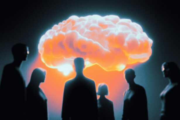 Glowing AI brain outshining human silhouettes representing GPT-5.4 surpassing human expert benchmark scores