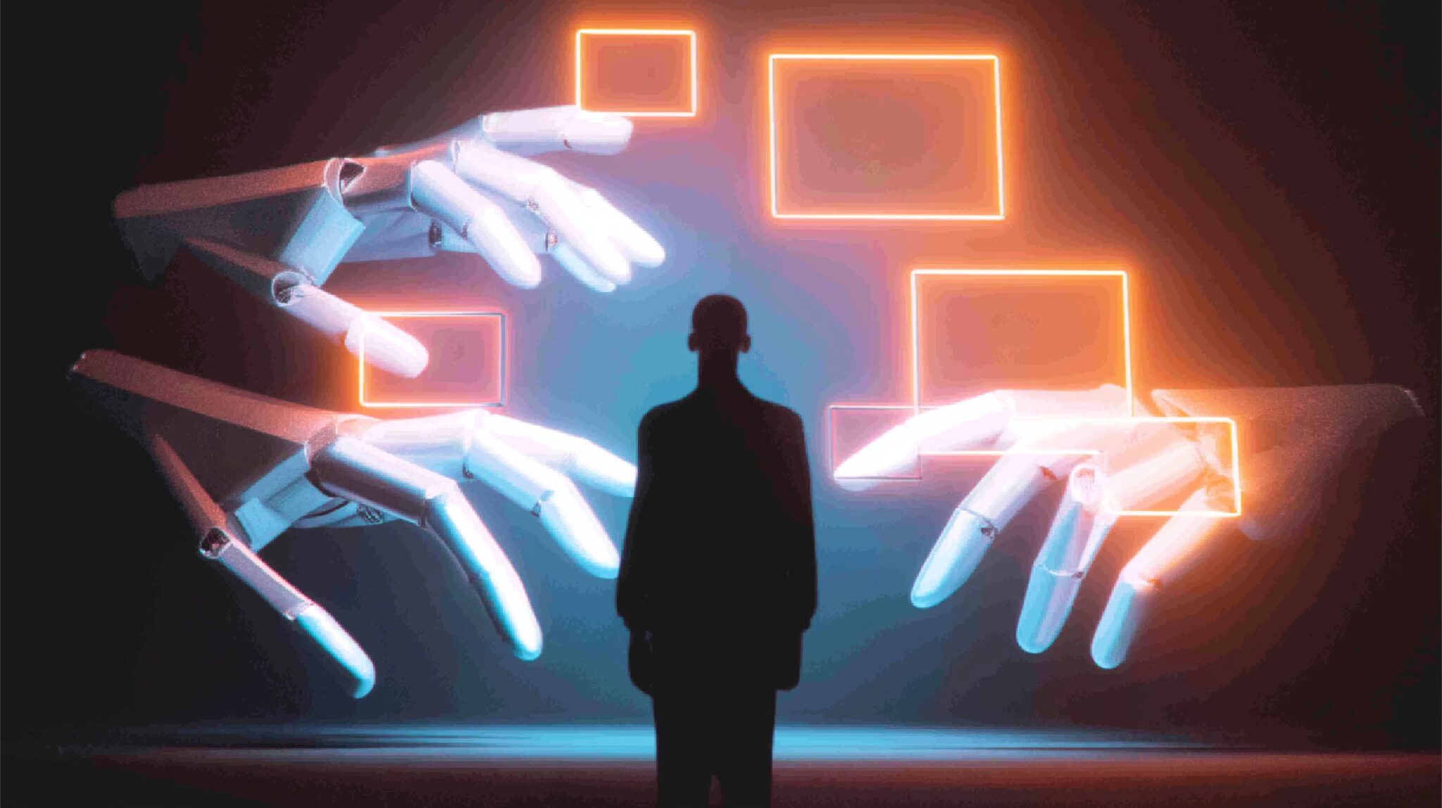 Human watching AI agent autonomously handle multiple computer tasks representing the shift from manual automation to agentic AI workflows