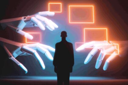 Human watching AI agent autonomously handle multiple computer tasks representing the shift from manual automation to agentic AI workflows