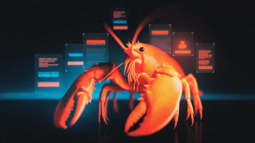 OpenClaw AI agent represented as a red lobster mascot managing multiple automated tasks at a futuristic command center in 2026