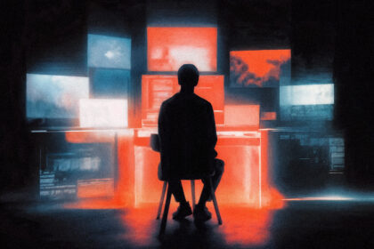 American worker looking uncertain surrounded by AI technology screens representing growing distrust of artificial intelligence in 2026