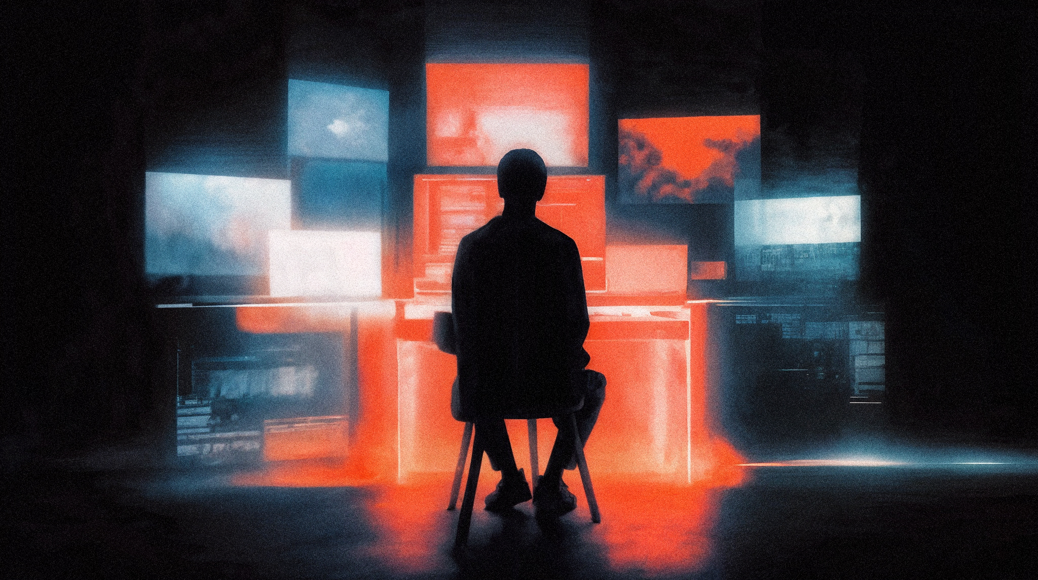 American worker looking uncertain surrounded by AI technology screens representing growing distrust of artificial intelligence in 2026