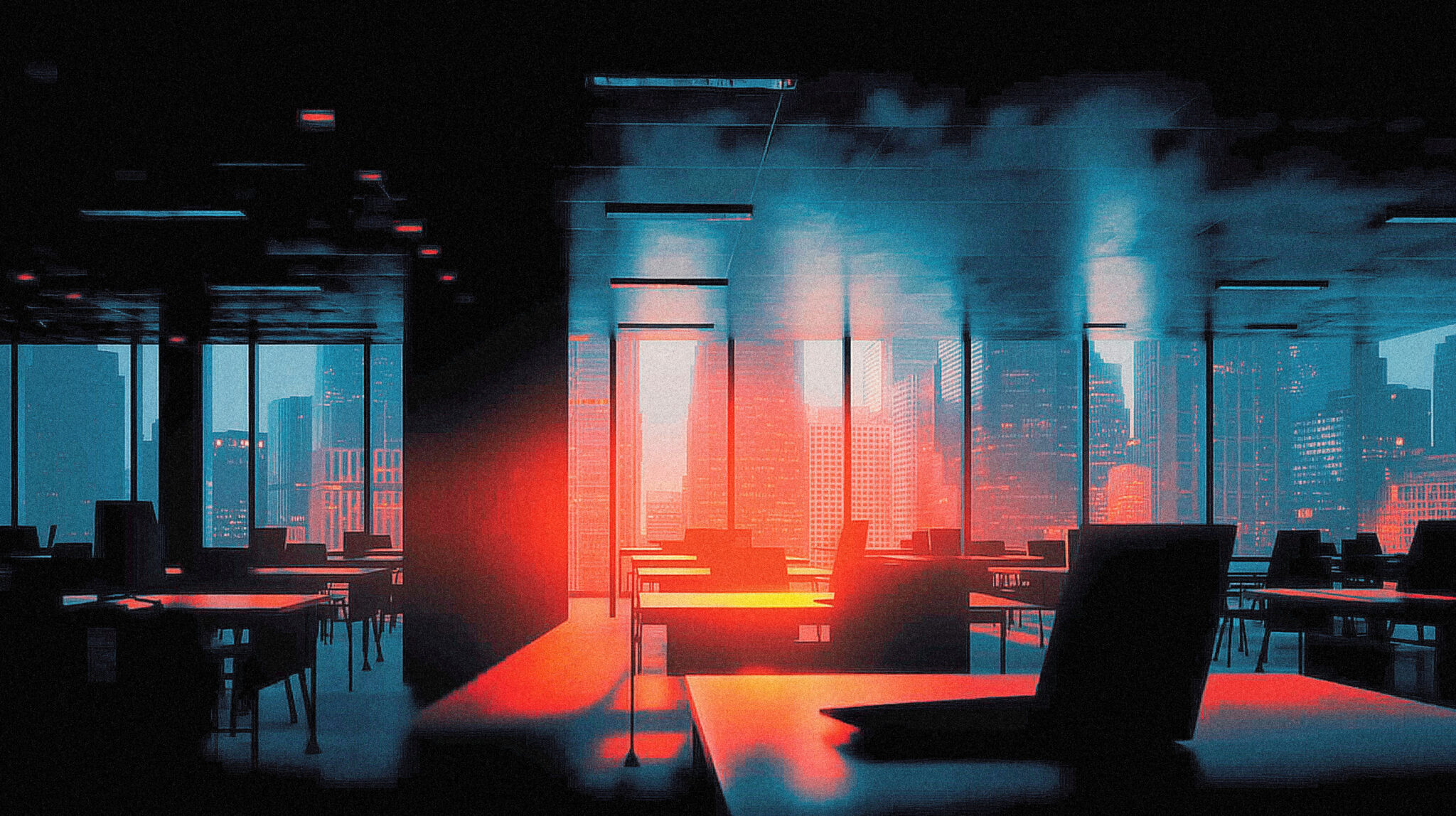 Oracle corporate office tower at dawn with empty cubicle farm visible through glass windows