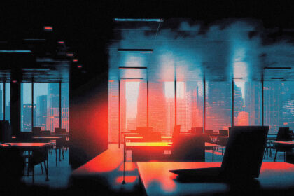 Oracle corporate office tower at dawn with empty cubicle farm visible through glass windows