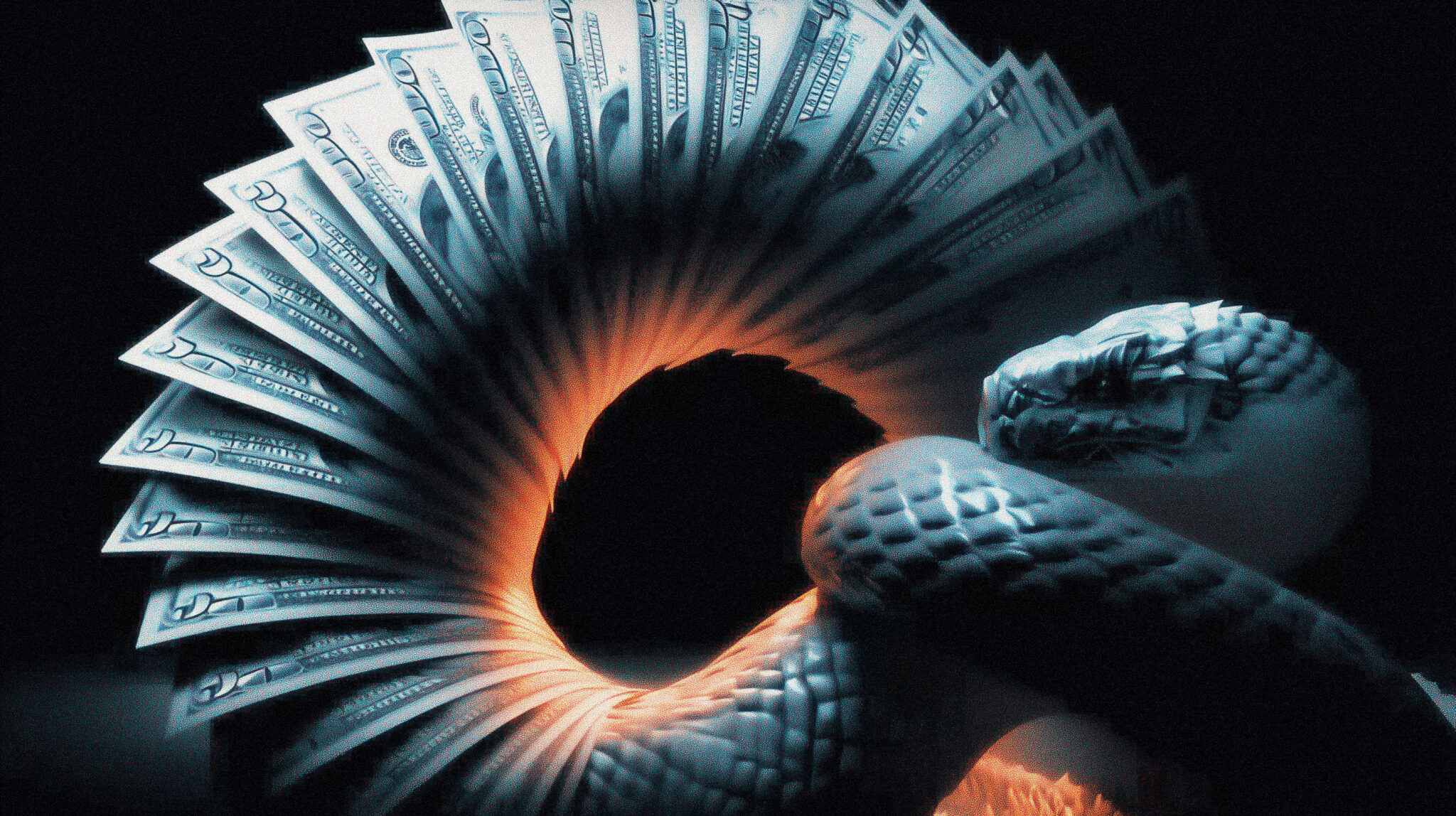 A snake of folded currency eating its own tail, representing the closed loop of AI compute investment between hyperscalers and AI labs.