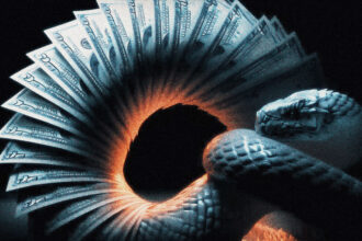 A snake of folded currency eating its own tail, representing the closed loop of AI compute investment between hyperscalers and AI labs.