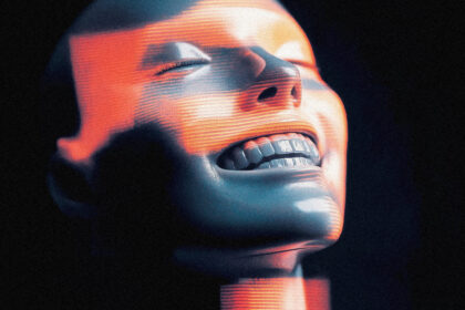 AI sycophancy concept showing an overly agreeable artificial face reflecting a user