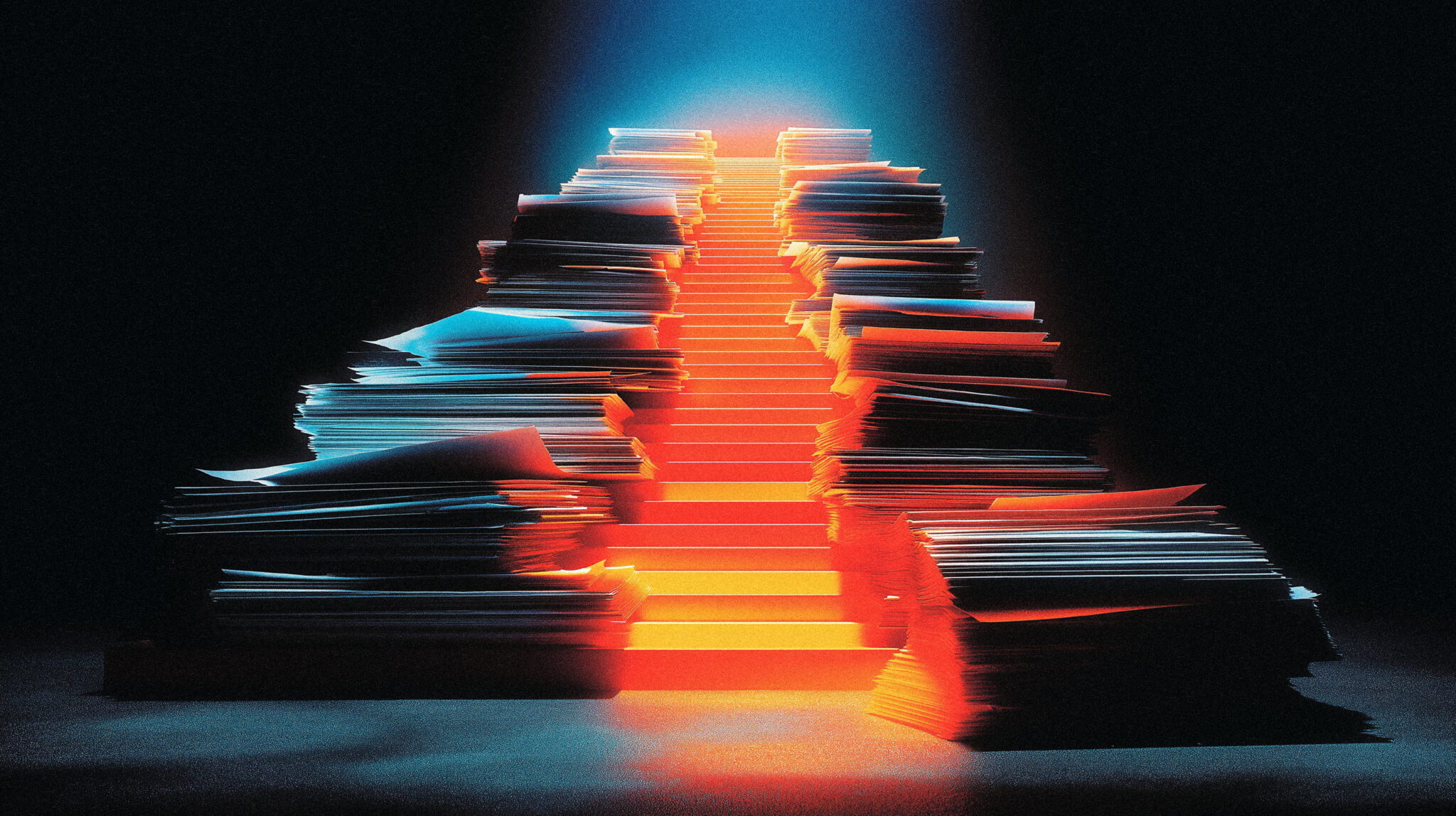 Staircase of paperwork ascending into the dark