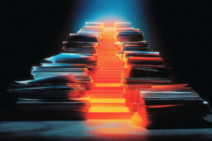 Staircase of paperwork ascending into the dark