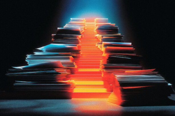 Staircase of paperwork ascending into the dark