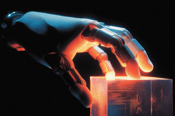 Mechanical claw closing around a glass cube of schematics