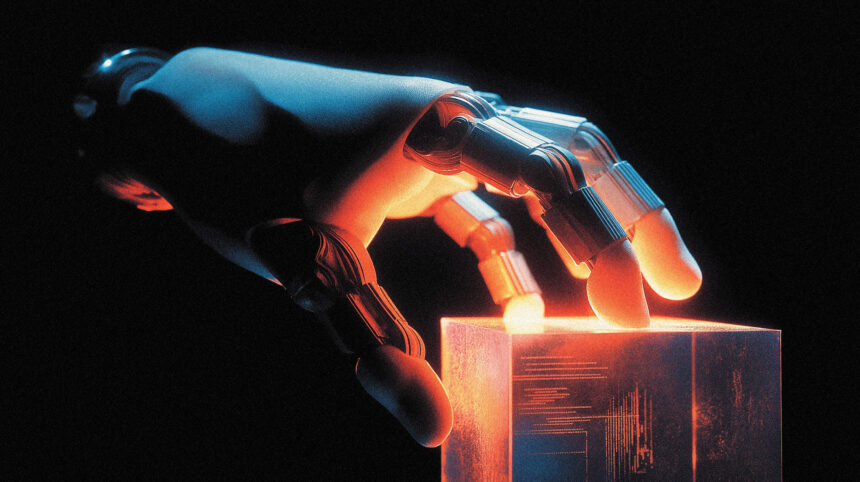 Mechanical claw closing around a glass cube of schematics