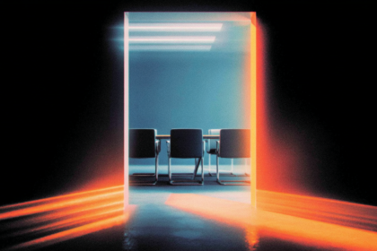 One-way mirror separating a private boardroom from a larger empty space, illustrating asymmetric information access.