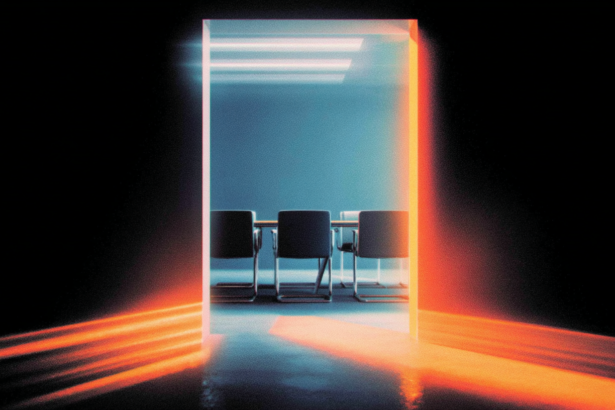 One-way mirror separating a private boardroom from a larger empty space, illustrating asymmetric information access.
