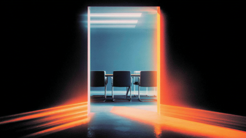 One-way mirror separating a private boardroom from a larger empty space, illustrating asymmetric information access.