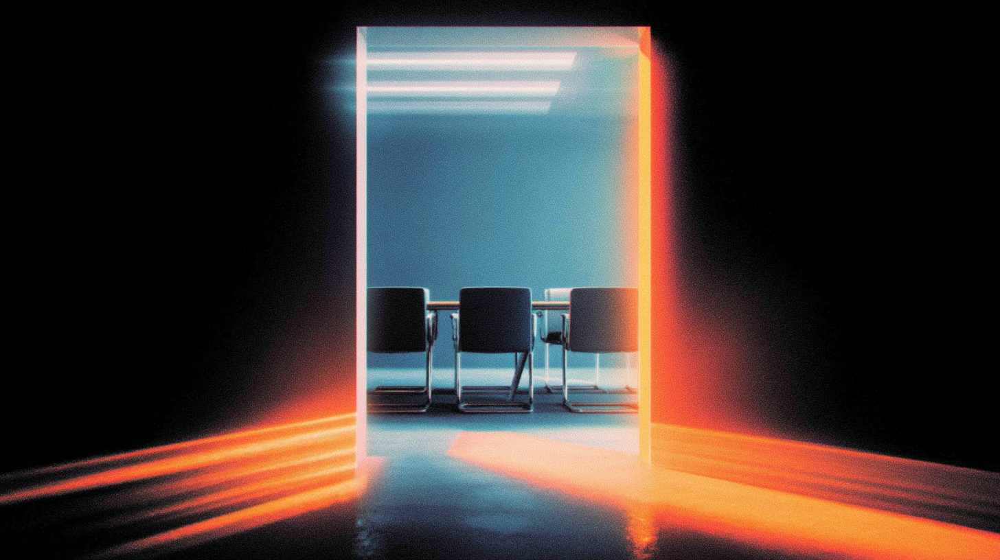 One-way mirror separating a private boardroom from a larger empty space, illustrating asymmetric information access.