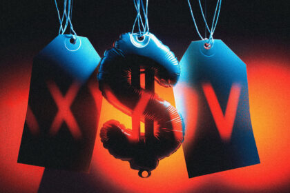 Three different price tags on one deflating dollar-sign balloon, illustrating OpenAI's three conflicting loss figures.