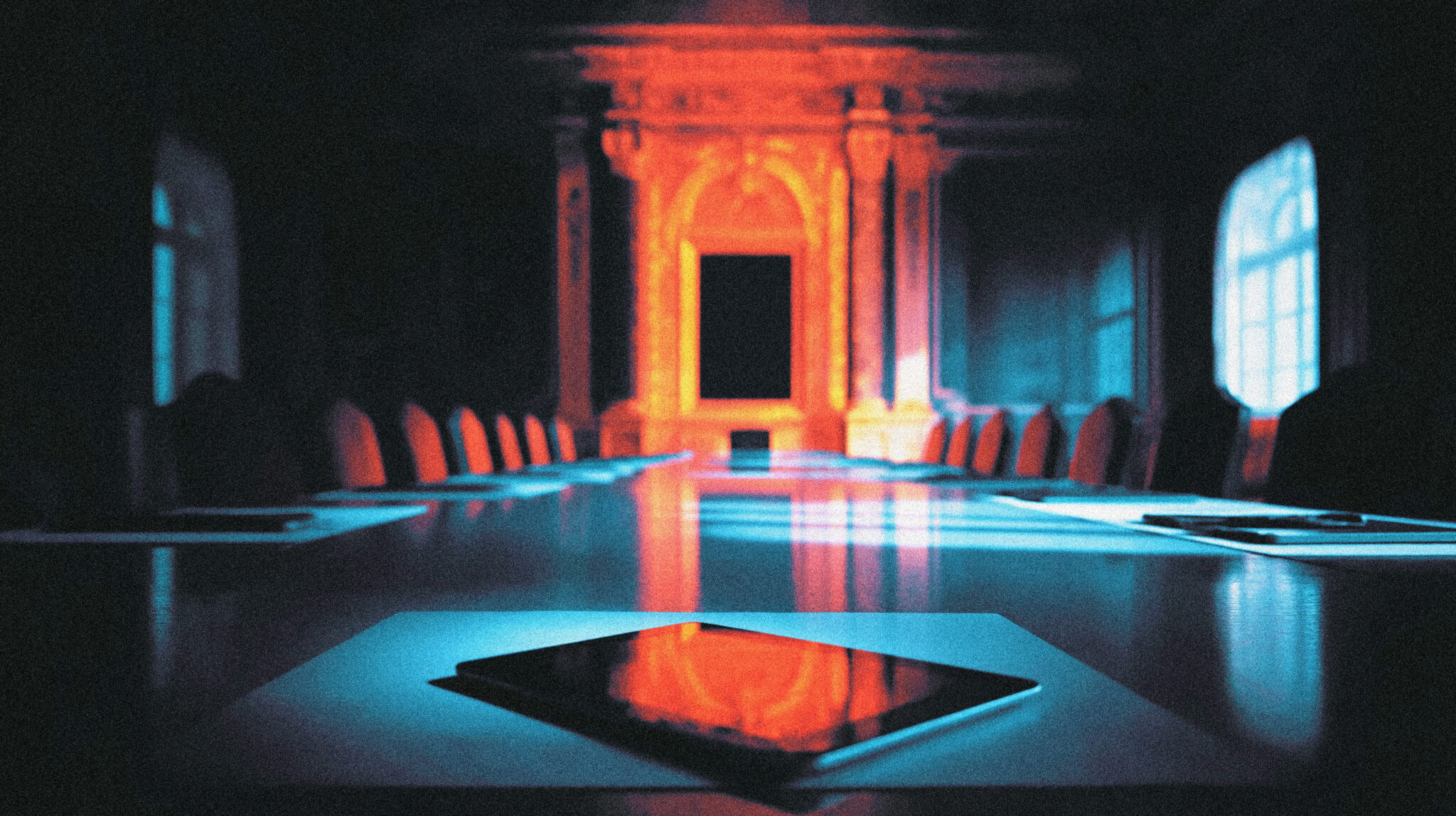 An empty seat with an unplugged tablet at a G7 summit table, representing Anthropic's banned models against the backdrop of high-level AI diplomacy.