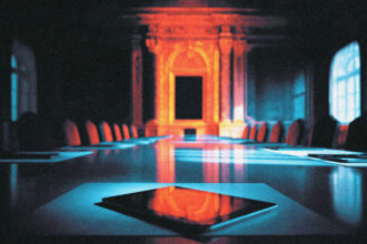An empty seat with an unplugged tablet at a G7 summit table, representing Anthropic's banned models against the backdrop of high-level AI diplomacy.