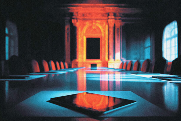 An empty seat with an unplugged tablet at a G7 summit table, representing Anthropic's banned models against the backdrop of high-level AI diplomacy.