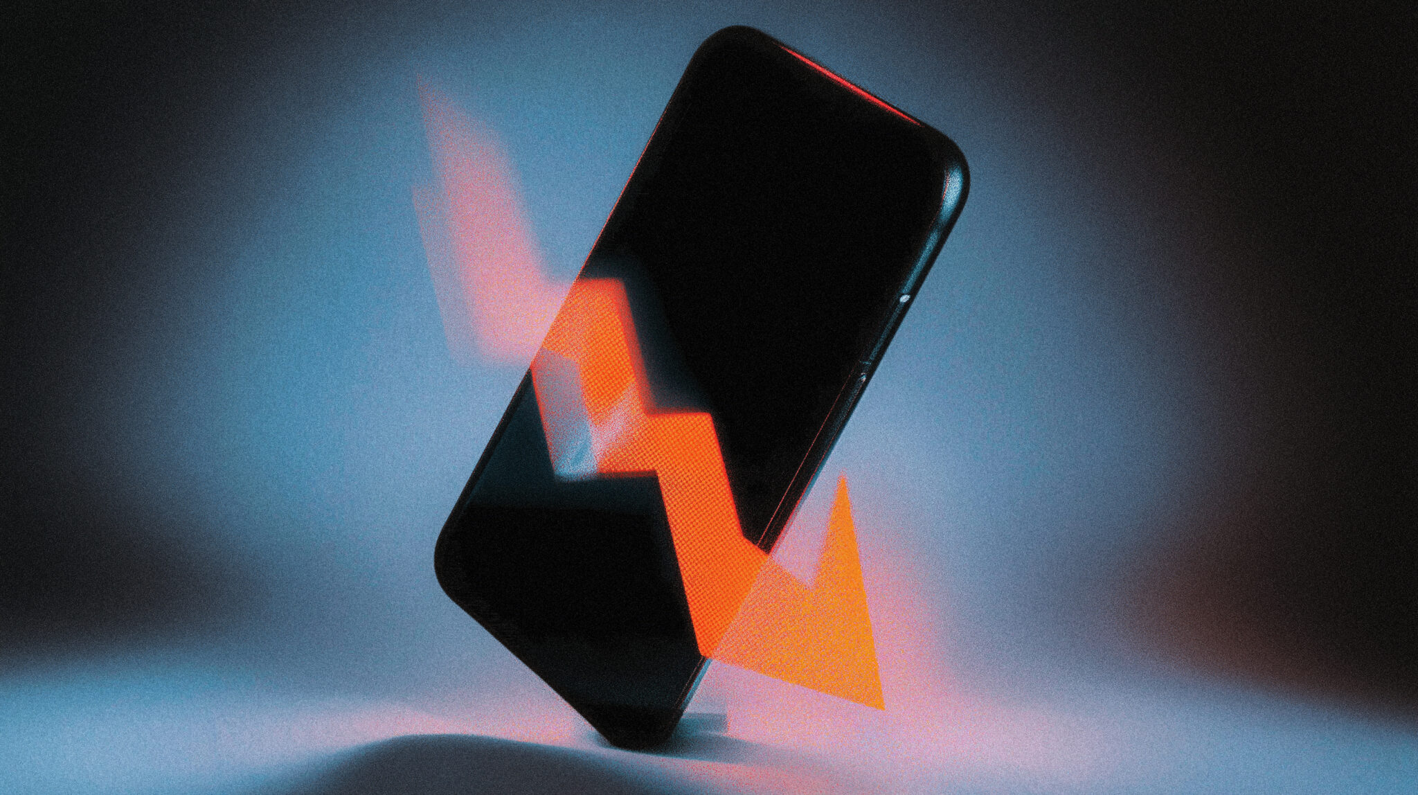 A red downward arrow piercing a floating iPhone, illustrating AAPL falling during the Apple keynote