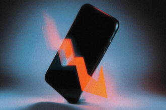 A red downward arrow piercing a floating iPhone, illustrating AAPL falling during the Apple keynote