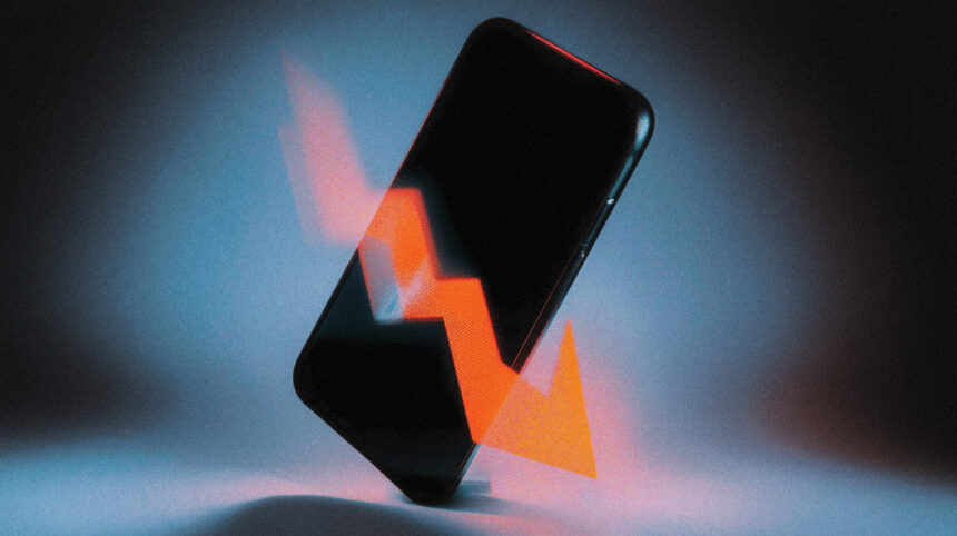 A red downward arrow piercing a floating iPhone, illustrating AAPL falling during the Apple keynote
