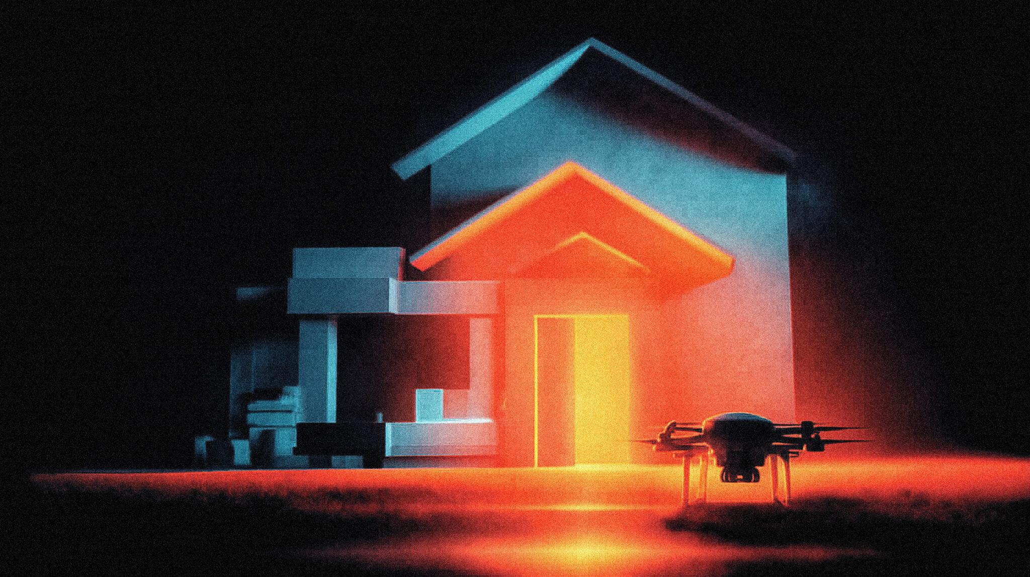 A drone exploring deep inside a building while the front door sits ignored, representing attackers shifting AI from break-ins to post-compromise movement.