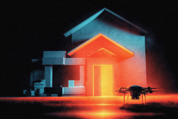 A drone exploring deep inside a building while the front door sits ignored, representing attackers shifting AI from break-ins to post-compromise movement.