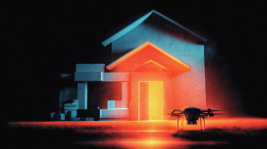 A drone exploring deep inside a building while the front door sits ignored, representing attackers shifting AI from break-ins to post-compromise movement.