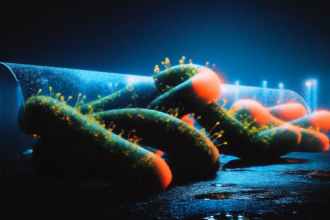 A coolant tube with faint green bacterial growth running across a glowing server chip, illustrating the contamination problem in AI data centers.