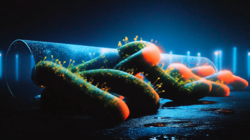 A coolant tube with faint green bacterial growth running across a glowing server chip, illustrating the contamination problem in AI data centers.