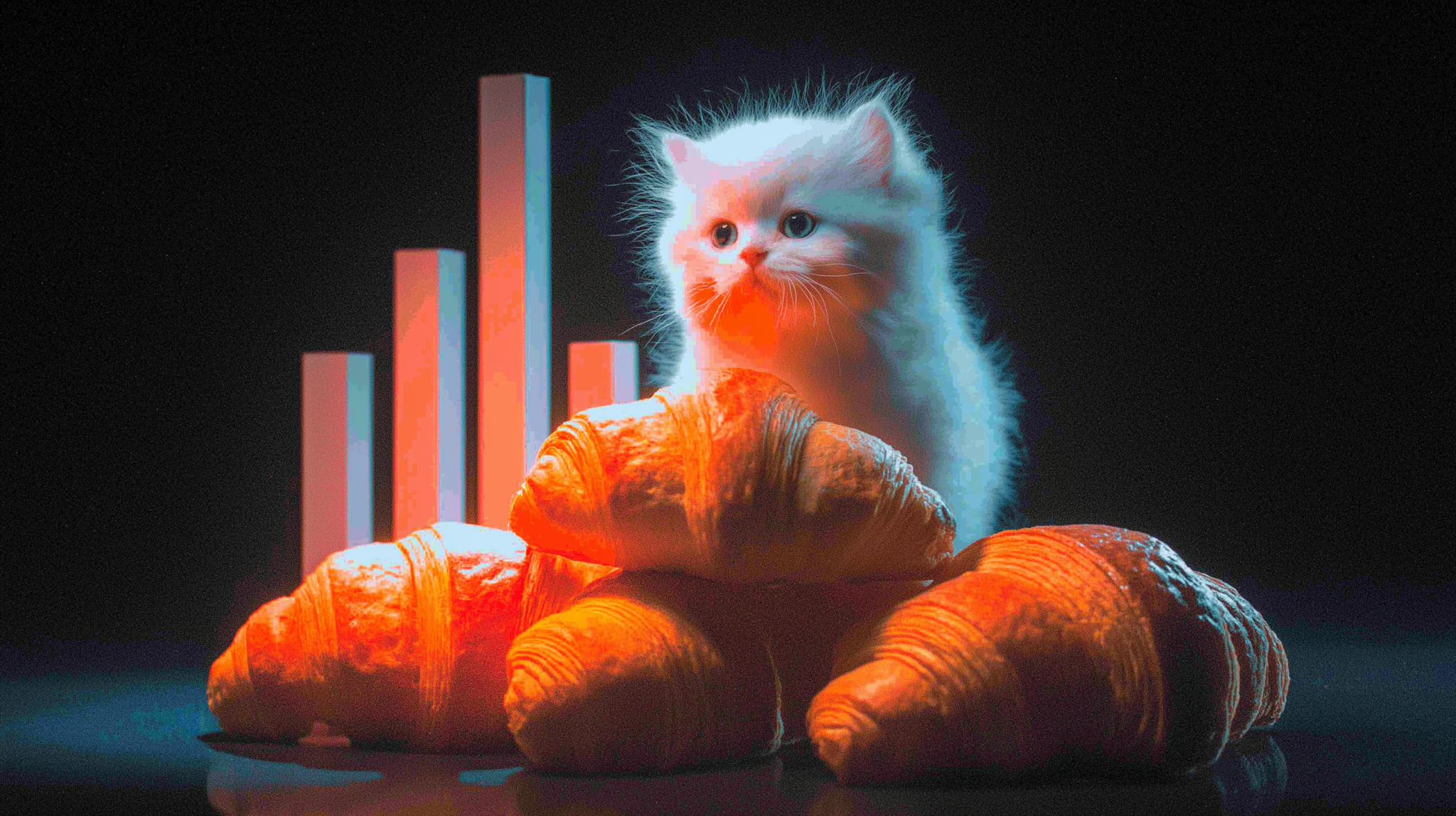 A smug white cartoon kitten atop a benchmark chart made of croissants, parodying the fake Le Chaton Fat AI model.