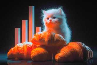 A smug white cartoon kitten atop a benchmark chart made of croissants, parodying the fake Le Chaton Fat AI model.