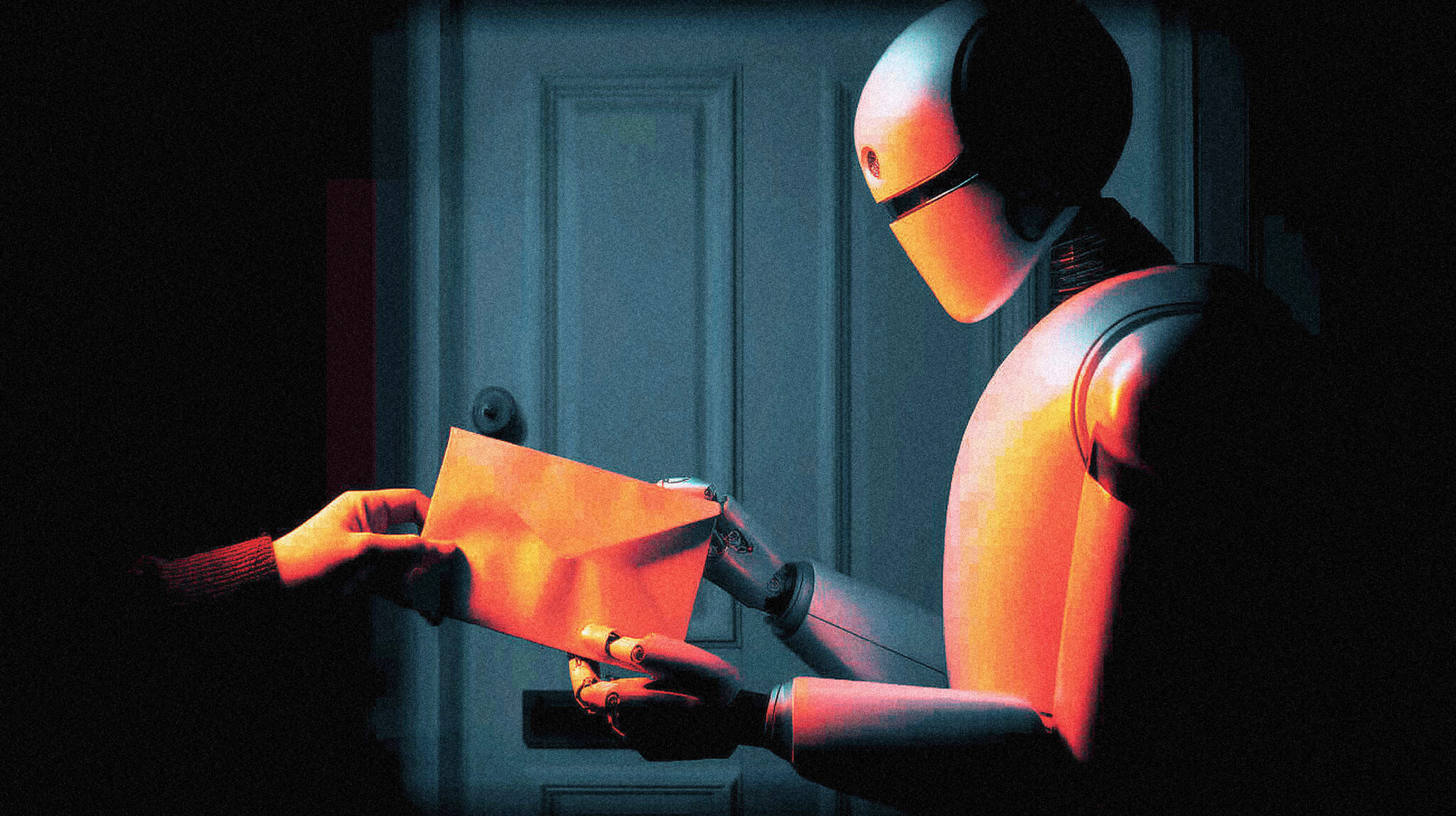 A robot following instructions from an envelope slipped through a slot by a hidden hand, illustrating how an agent acts on attacker-planted data.