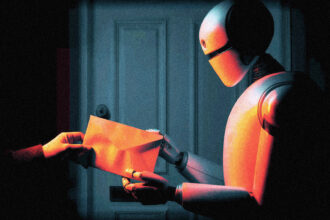 A robot following instructions from an envelope slipped through a slot by a hidden hand, illustrating how an agent acts on attacker-planted data.