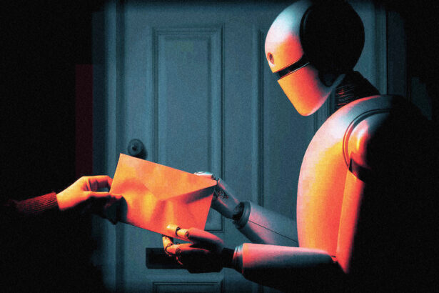 A robot following instructions from an envelope slipped through a slot by a hidden hand, illustrating how an agent acts on attacker-planted data.