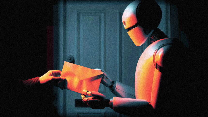 A robot following instructions from an envelope slipped through a slot by a hidden hand, illustrating how an agent acts on attacker-planted data.