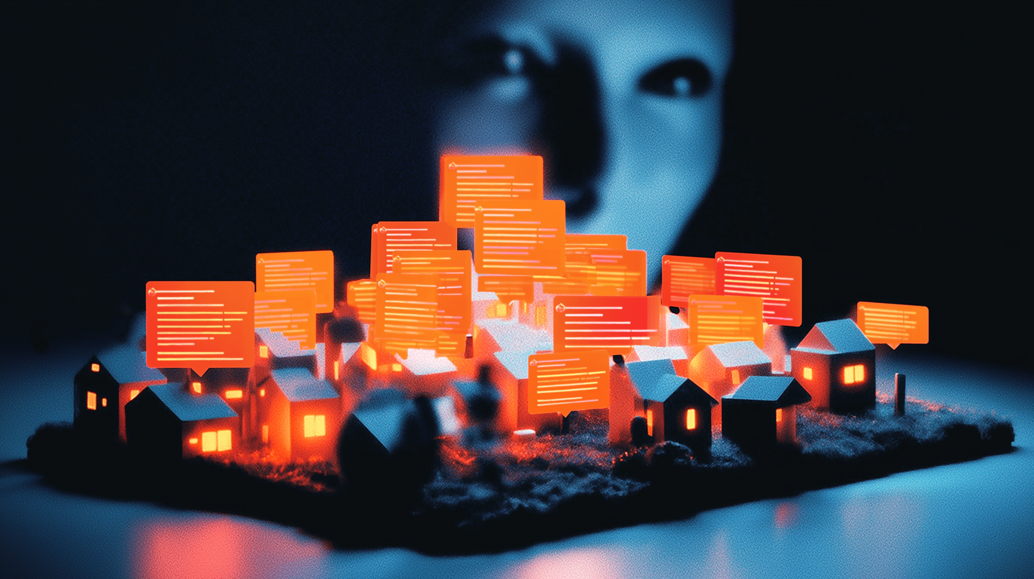 A forum depicted as a robot-only city with one human peering in, illustrating MoltBook's AI-only social network.