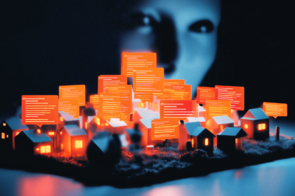 A forum depicted as a robot-only city with one human peering in, illustrating MoltBook's AI-only social network.