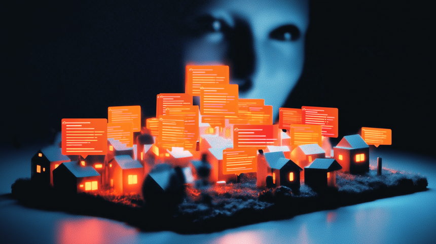 A forum depicted as a robot-only city with one human peering in, illustrating MoltBook's AI-only social network.