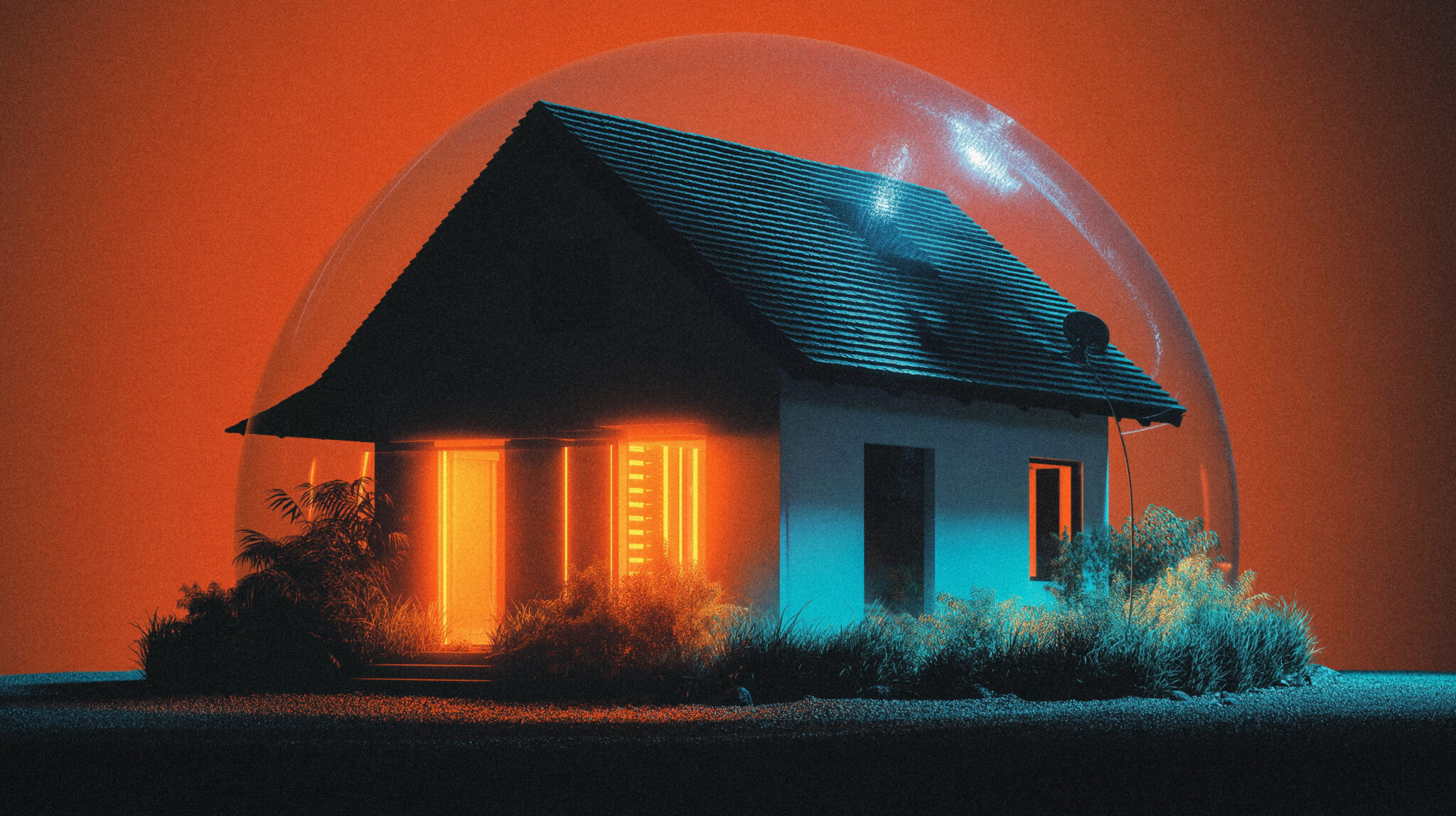 A small house under a protective dome with data circulating inside, illustrating self-hosted AI that keeps your data local.