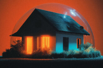 A small house under a protective dome with data circulating inside, illustrating self-hosted AI that keeps your data local.