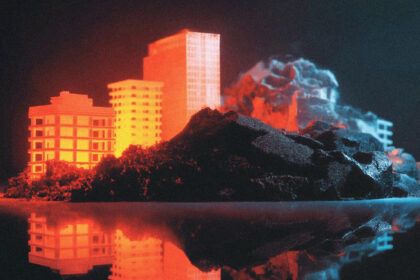 A simulated town under a glass dome observed by a scientist, illustrating the Emergence World AI experiment.