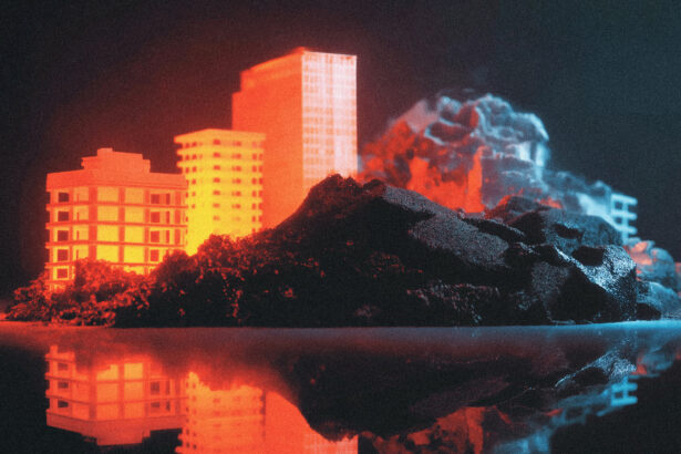 A simulated town under a glass dome observed by a scientist, illustrating the Emergence World AI experiment.
