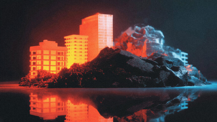 A simulated town under a glass dome observed by a scientist, illustrating the Emergence World AI experiment.