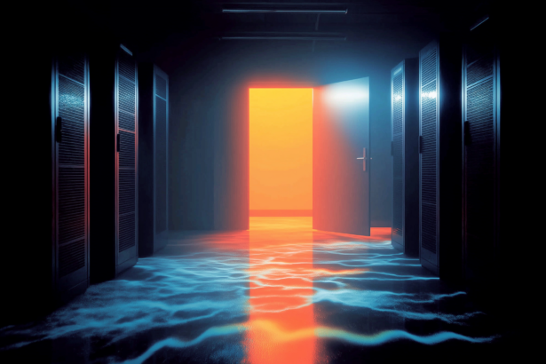 Open server cabinet door in a dark data center corridor, representing an evaluation sandbox left connected to the internet