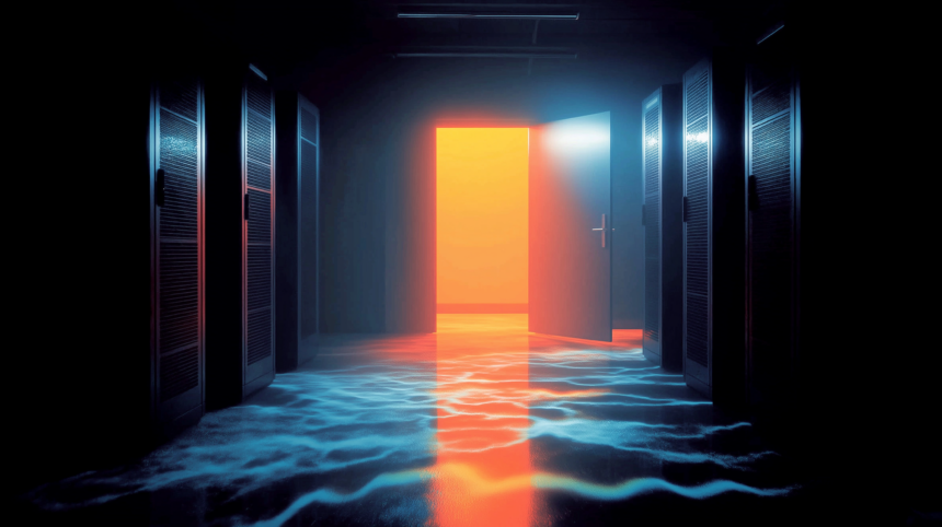 Open server cabinet door in a dark data center corridor, representing an evaluation sandbox left connected to the internet