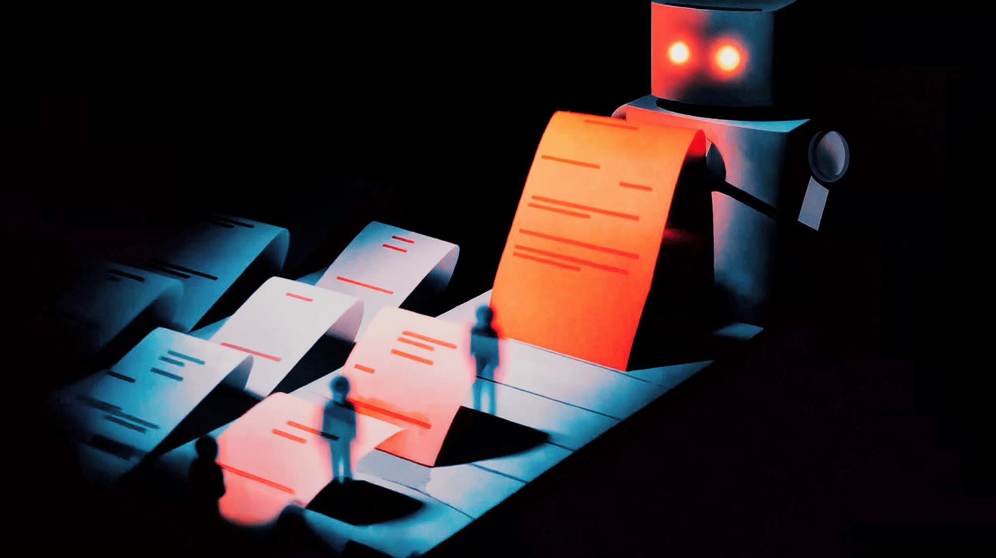 Paper craft illustration of a robot grading resumes on a conveyor belt representing AI job application screening